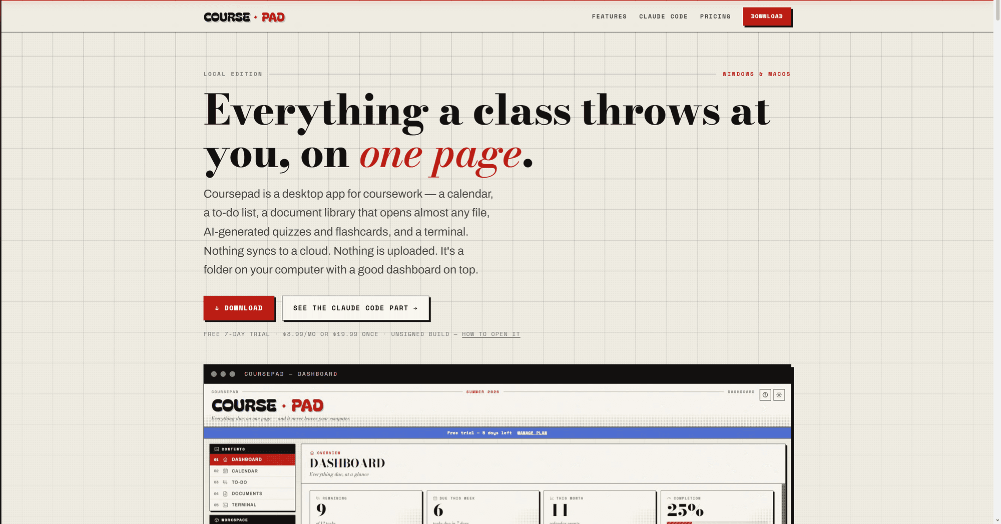 CoursePad landing page in cream and red with the headline Everything a class throws at you, on one page, above a preview of the app dashboard
