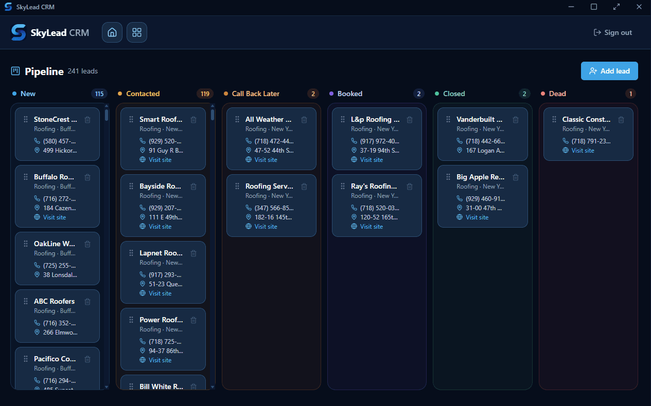 SkyLead CRM desktop app showing a dark kanban lead pipeline with columns for New, Contacted, Call Back Later, Booked, Closed, and Dead