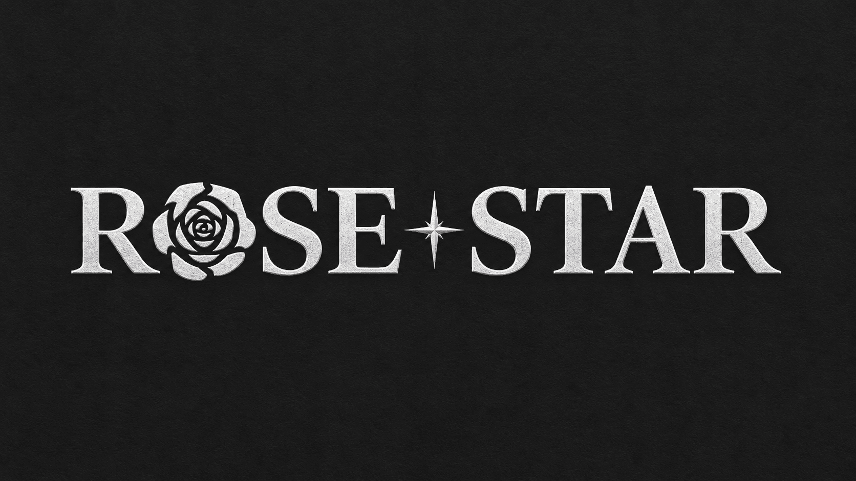 RoseStar Apparel wordmark in embossed silver on black, with a rose forming the O and a four-point star between the words
