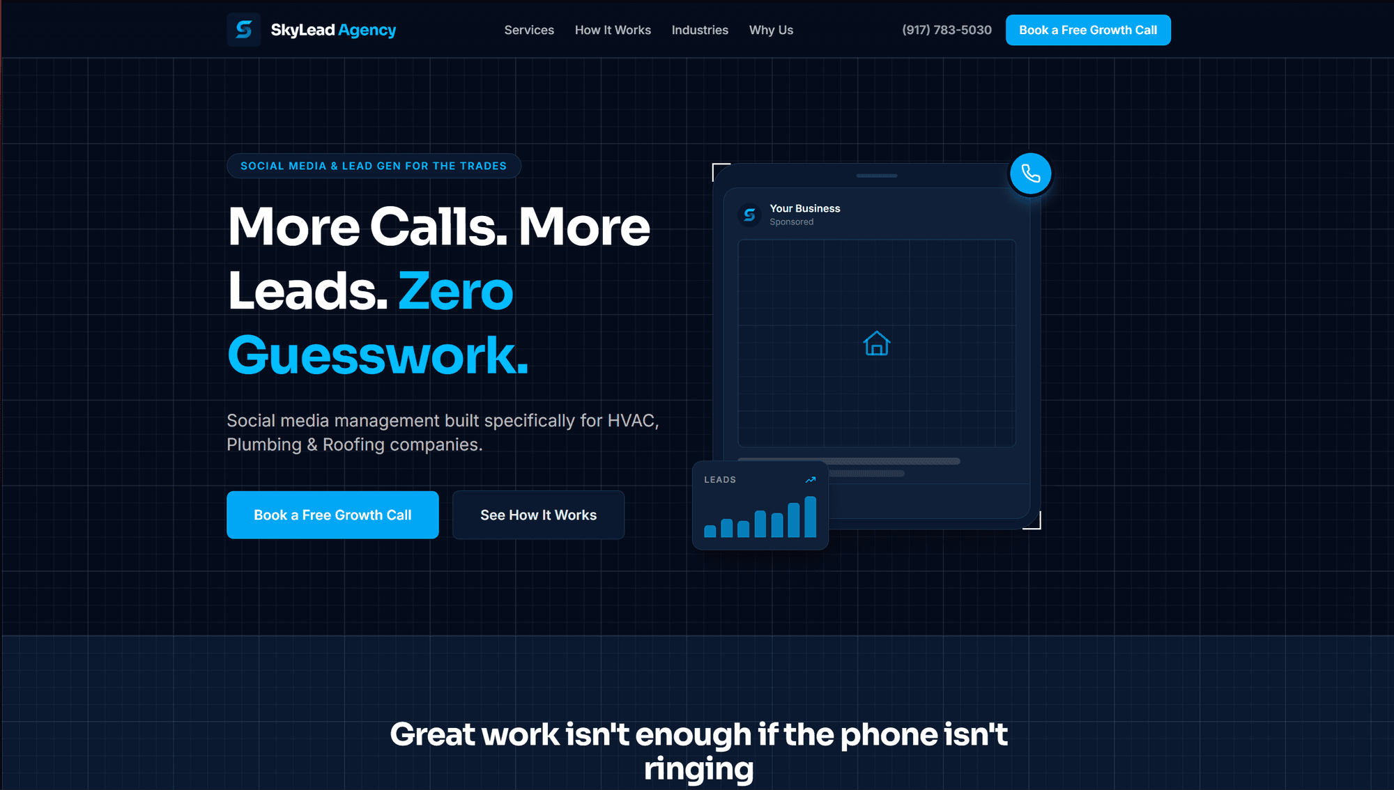 SkyLead Marketing Agency landing page with a dark navy hero reading More Calls. More Leads. Zero Guesswork.